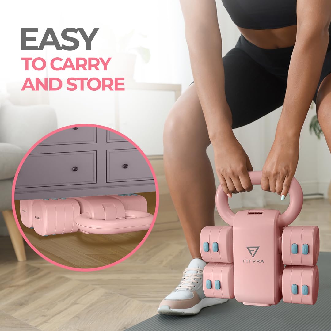 Regulowane hantle 2 w 1 + regulowane hantle kettlebell, zestaw ciężarków dla kobiet, różowy, 1-3 kg i 2,5-6,5 kg, z 3 elastycznymi paskami i prowadnicą
