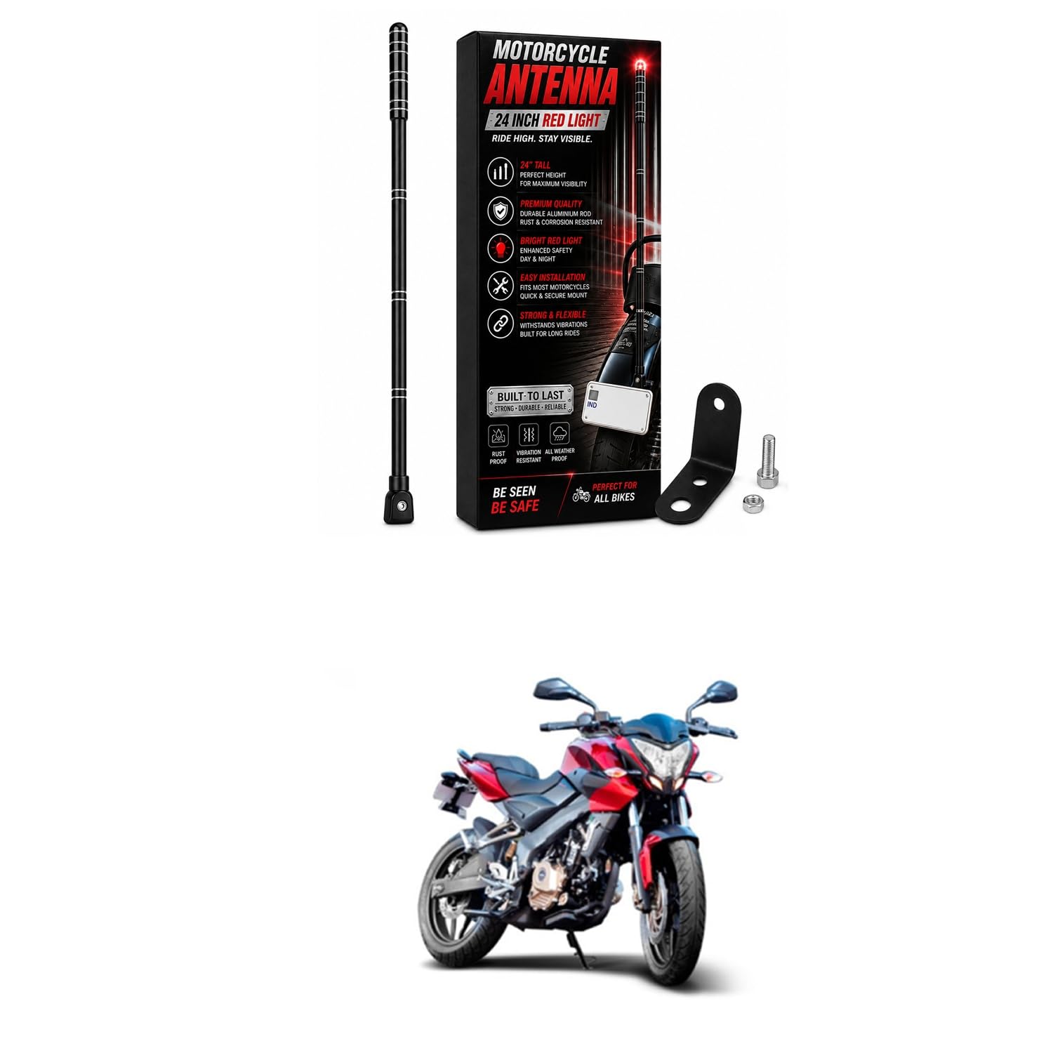 12 Inch Motorcycle Safety Antenna with Red LED Light, Universal Flexible Rear Visibility Pole, Waterproof Warning Antenna for Bikes and Motorcycles Comfortable with Pul-SAR 200 Ns-image-39
