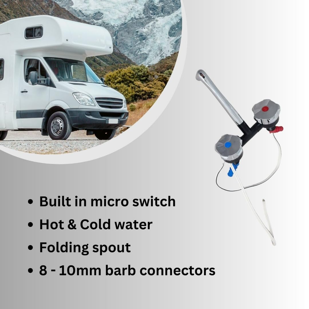 Rubinetto miscelatore cromato caldo e freddo con beccuccio pieghevole, 12 V, micro interruttore per camper, caravan, camper, barca