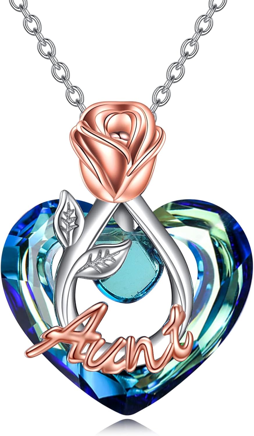 POPKIMI Rose Flower Love Heart Necklaces Gifts for Mom Grandma Nana Wife Aunt Daughter Birthday Jewelry 925 Sterling Silver Crystal Jewelry