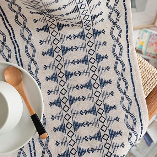 Jinchan Boho Curtains Embroidered Window Curtains For Bedroom Linen Curtains Geometry Grommet Bohemian Window Treatment Set For Living Room 50" W X 84" L 2 Panels Blue On Beige #TOP2