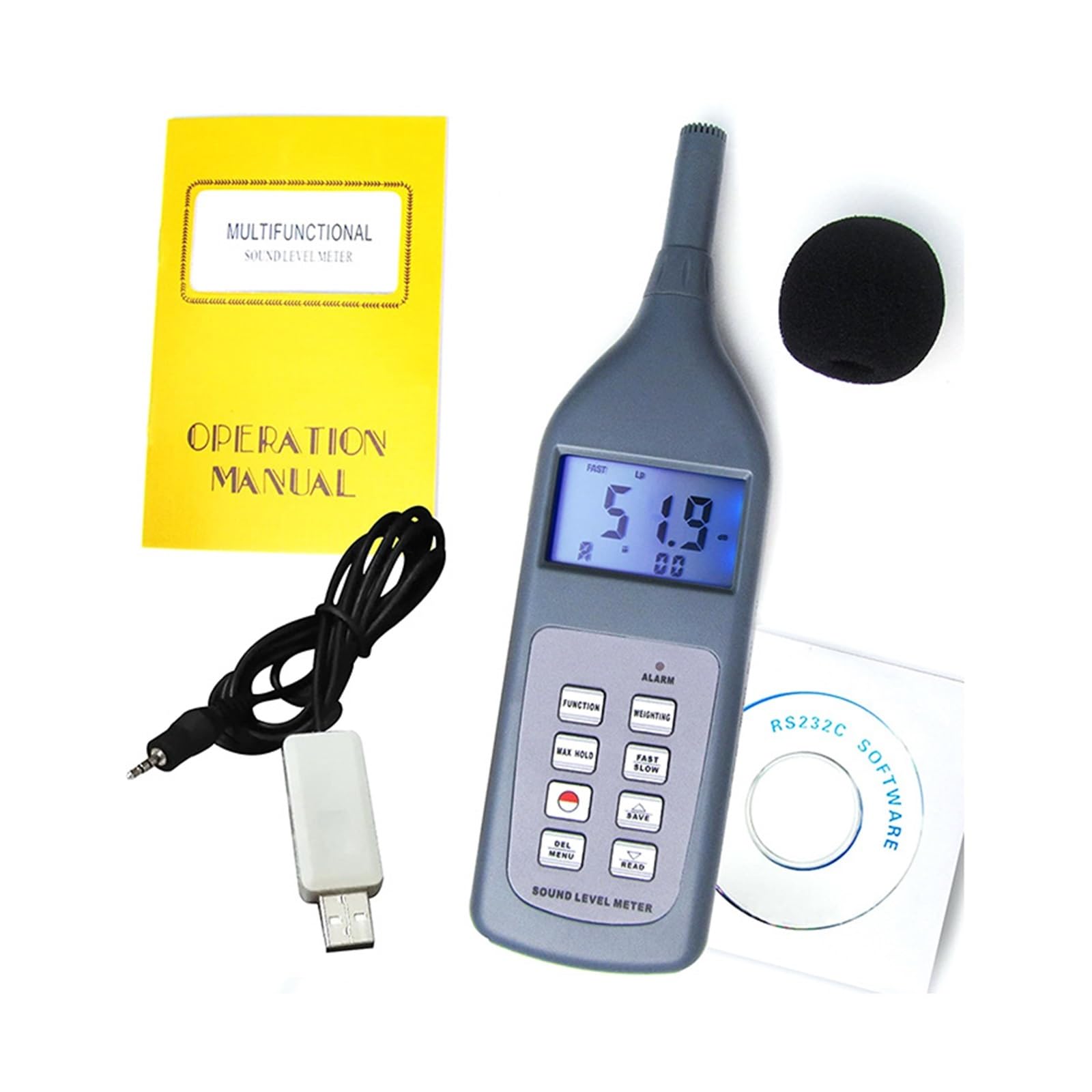Dezibel Messgerät, Digitaler Schallpegelmesser 30 dB bis 130 dB mit optionaler Bluetooth-Funktion Lp, Leq-Alarm einstellbar, zur Lärmkontrolle(With USB Cable)