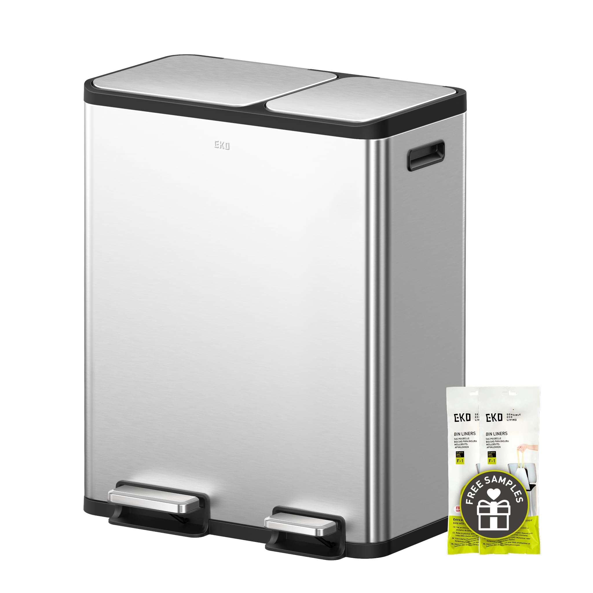 EKO EcoCasa Stainless Steel Dual Step Trash Can for Recycling, 30L+20L Rectangular Kitchen Trash Can, Independent Pedals and Lids, Soft Close and Fingerprint Resistant