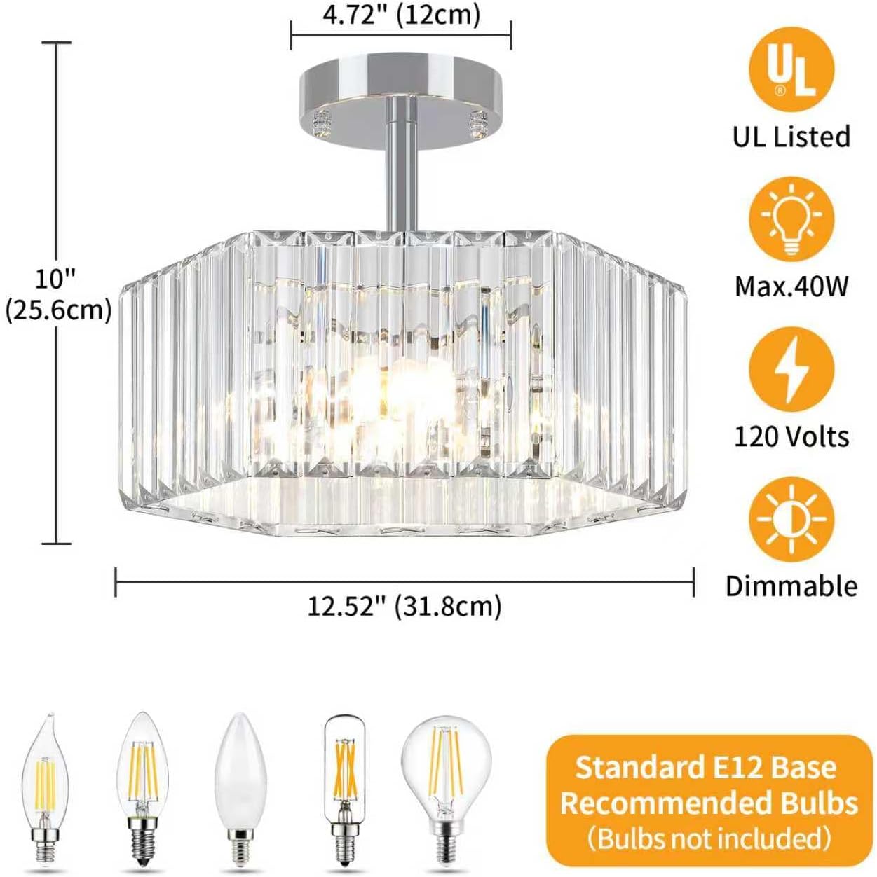 TOULMJ Crystal Semi Flush Mount Ceiling Light, 3-Light Modern Close to Ceiling Light Fixtures, Chrome Hallway Light Fixtures Flush Mount Chandelier for Entryway Kitchen Bedroom Bathroom Laundry Room