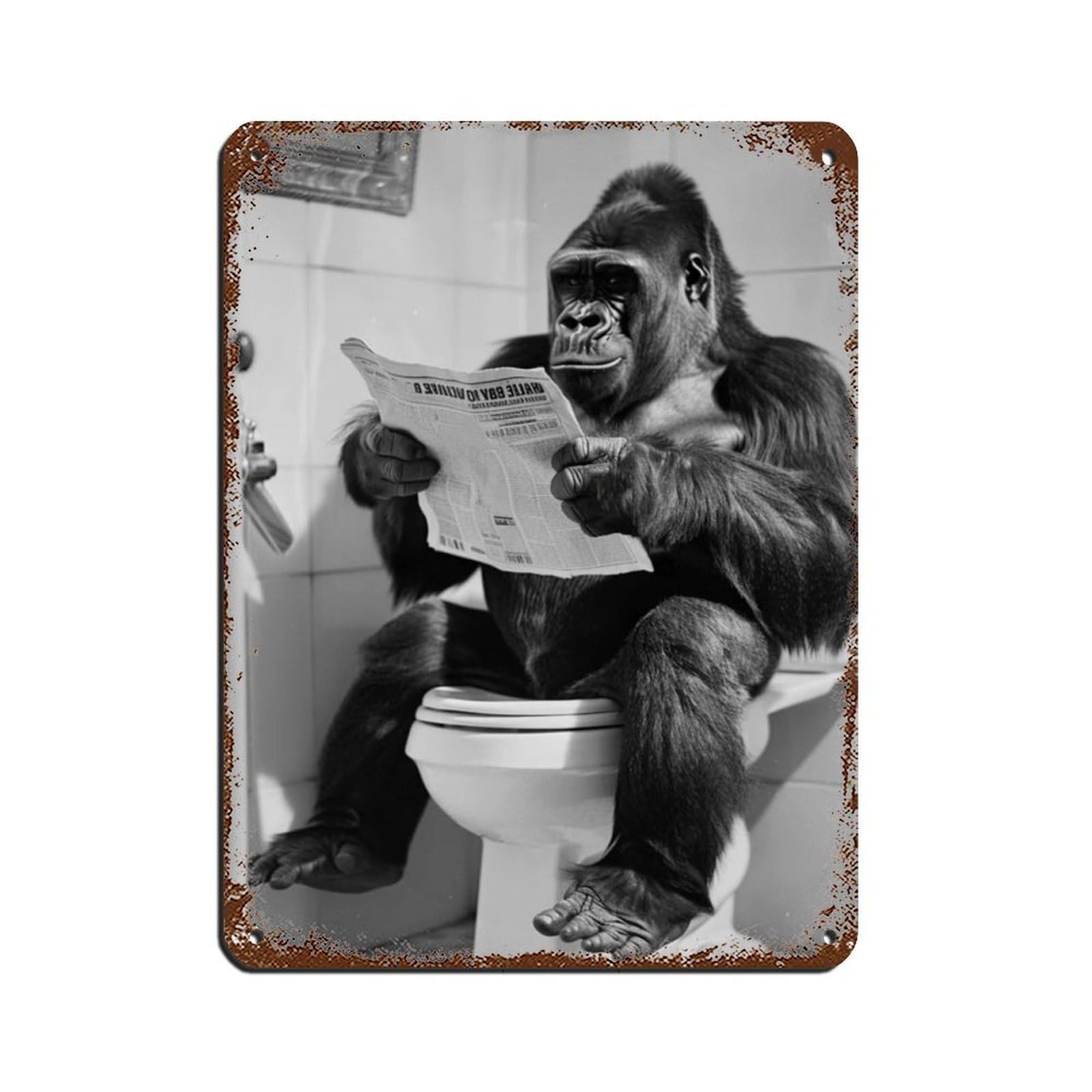 Lxwnze 30L X 40W Cm Gorilla Sitting On The Toilet Reading A Newspaper Tin Sign Vintage Metal Pub Club Cafe Bar Home Wall Art Decoration Poster Retro 12X16inch(30X40cm)