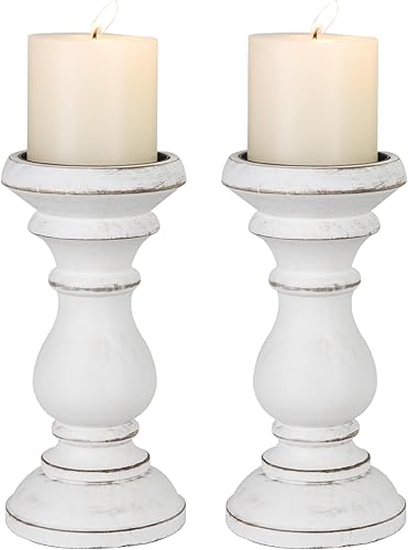 Miniatura 9 de Soporte de vela para vela de pilar, juego de 2, soporte de vela de madera de granja, soporte de vela de madera rústico, candelabros de madera Blanco