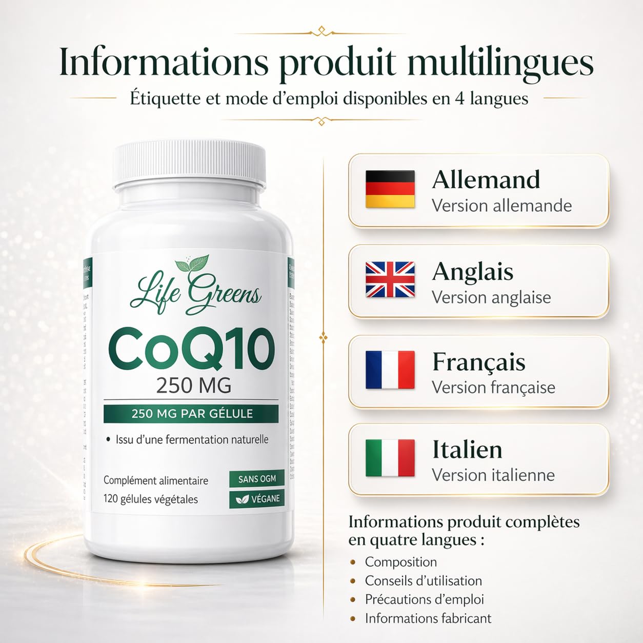COENZYME Q10 250 mg | CoQ10 Ubiquinol issu de fermentation naturelle | Puissant antioxydant naturel | Protection anti âge | Énergie cellulaire | Absorption optimale | 120 gélules véganes | Sans OGM