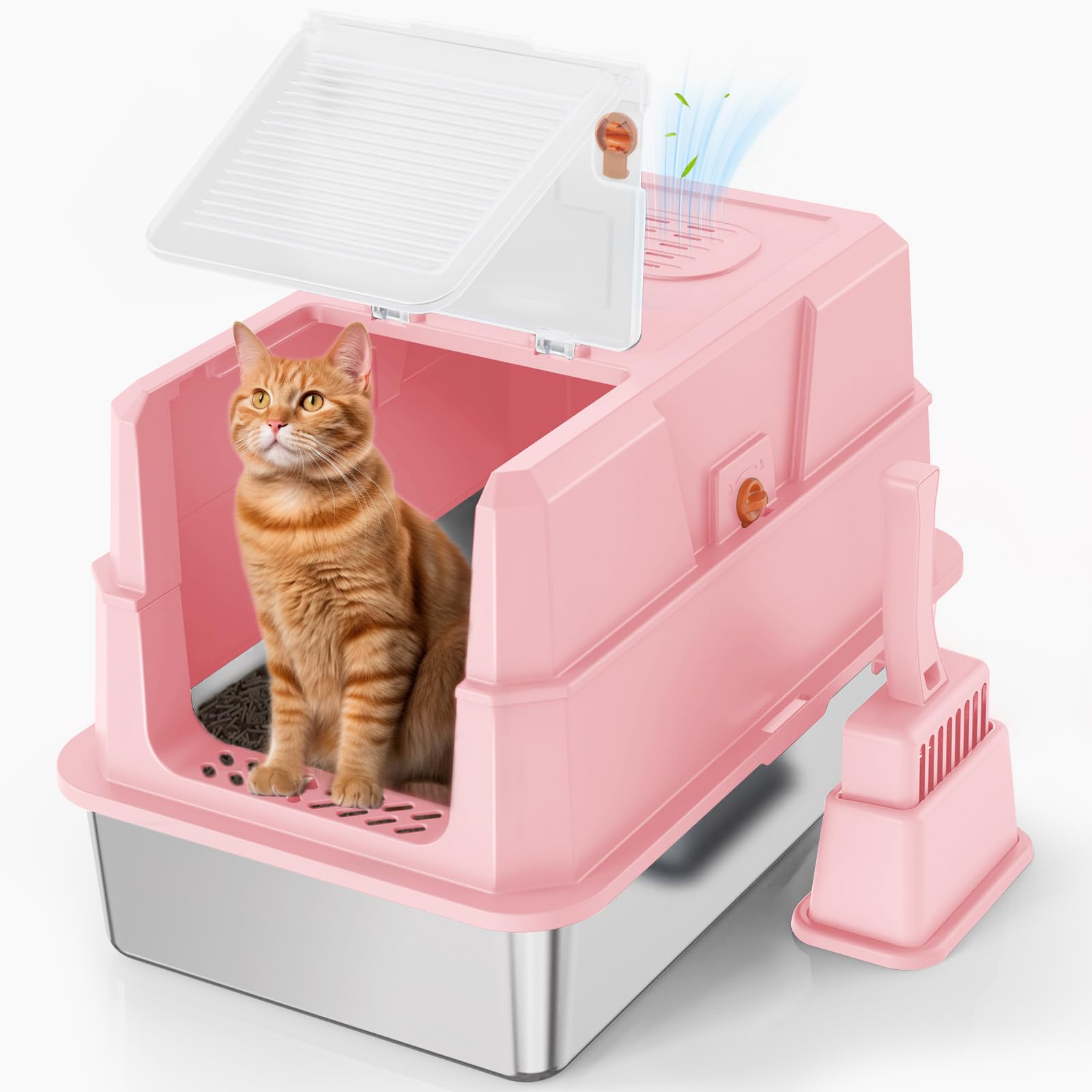 SZEE Stainless Steel Cat Litter Tray, Cat Litter Tray with Lid, Easy to Clean, Spacious for Pets, Space-saving for Homes - Pink