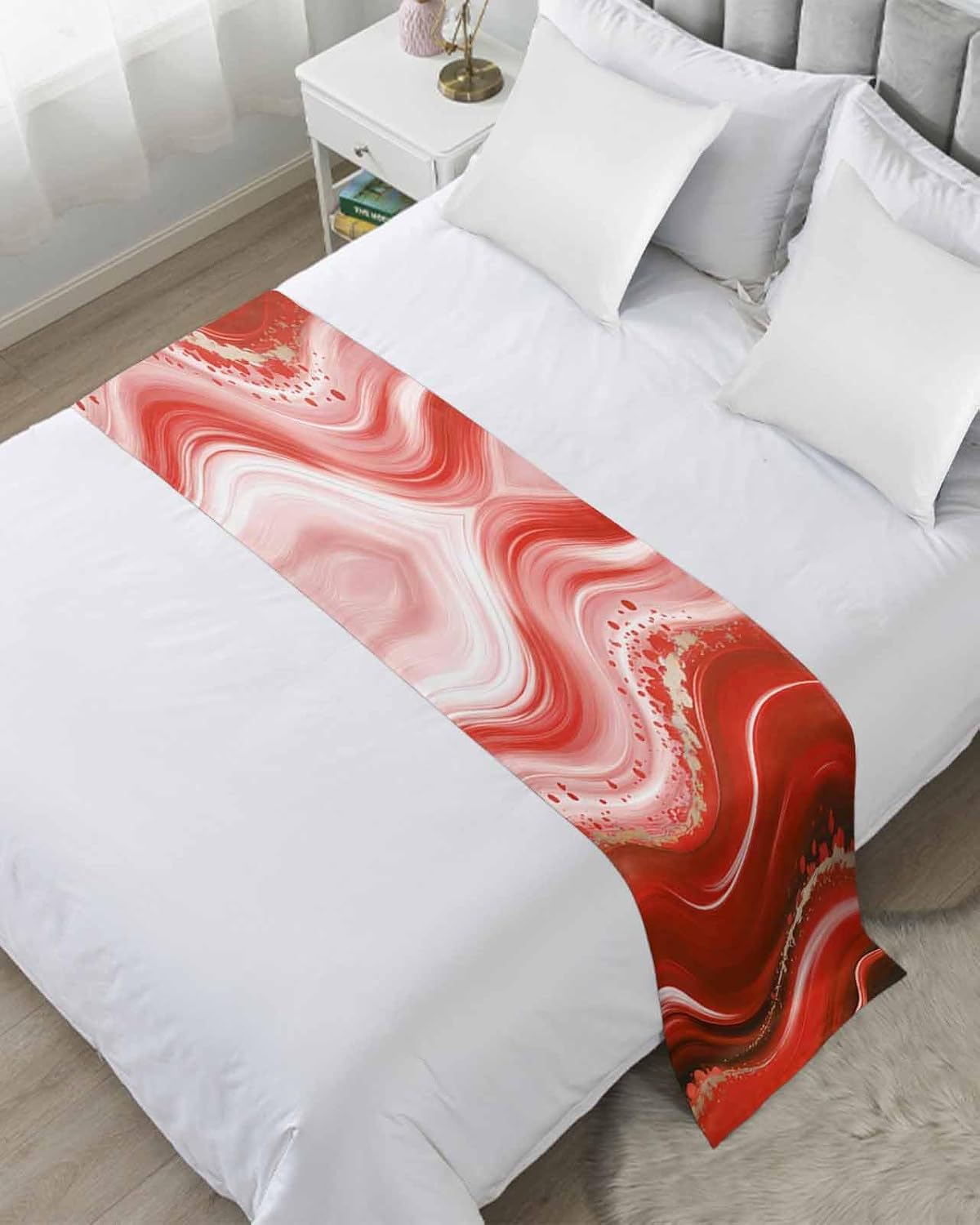 Blue Waves Abstract Bed Runner Scarf King Size, Ocean Fluid Gradient Luxury Luxury Bed Throw Runners & Scarves for Twin Full Queen King Foot of Bed, Bedroom Hotel Wedding Room Decoration, 94"x20"
