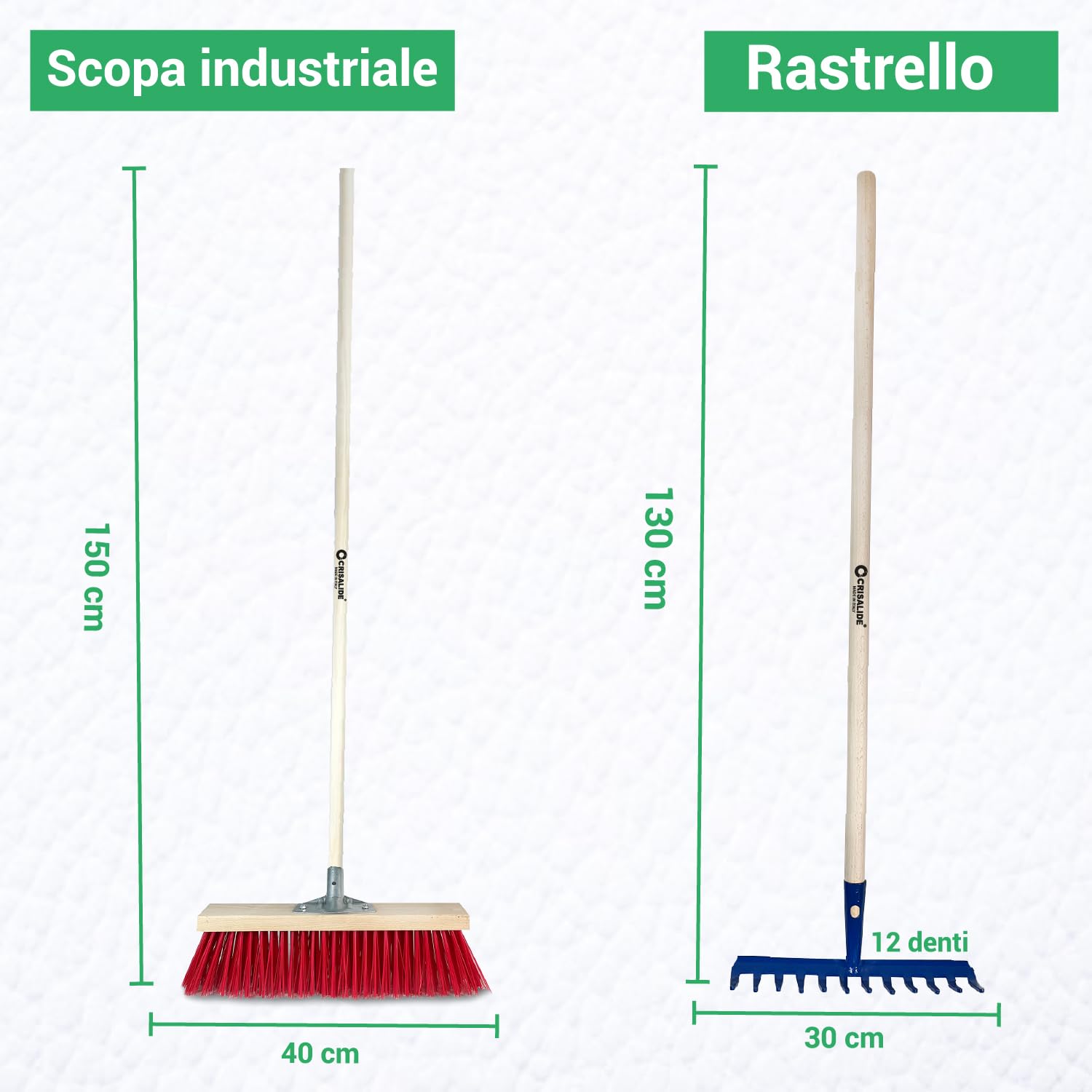 Crisalide® Juego completo de jardinería de 7 piezas – Escoba industrial, guantes, rastrillo hojas, pala, azada, rastrillo de 12 dientes, pala puntiaguda, herramientas resistentes para huerto, jardín