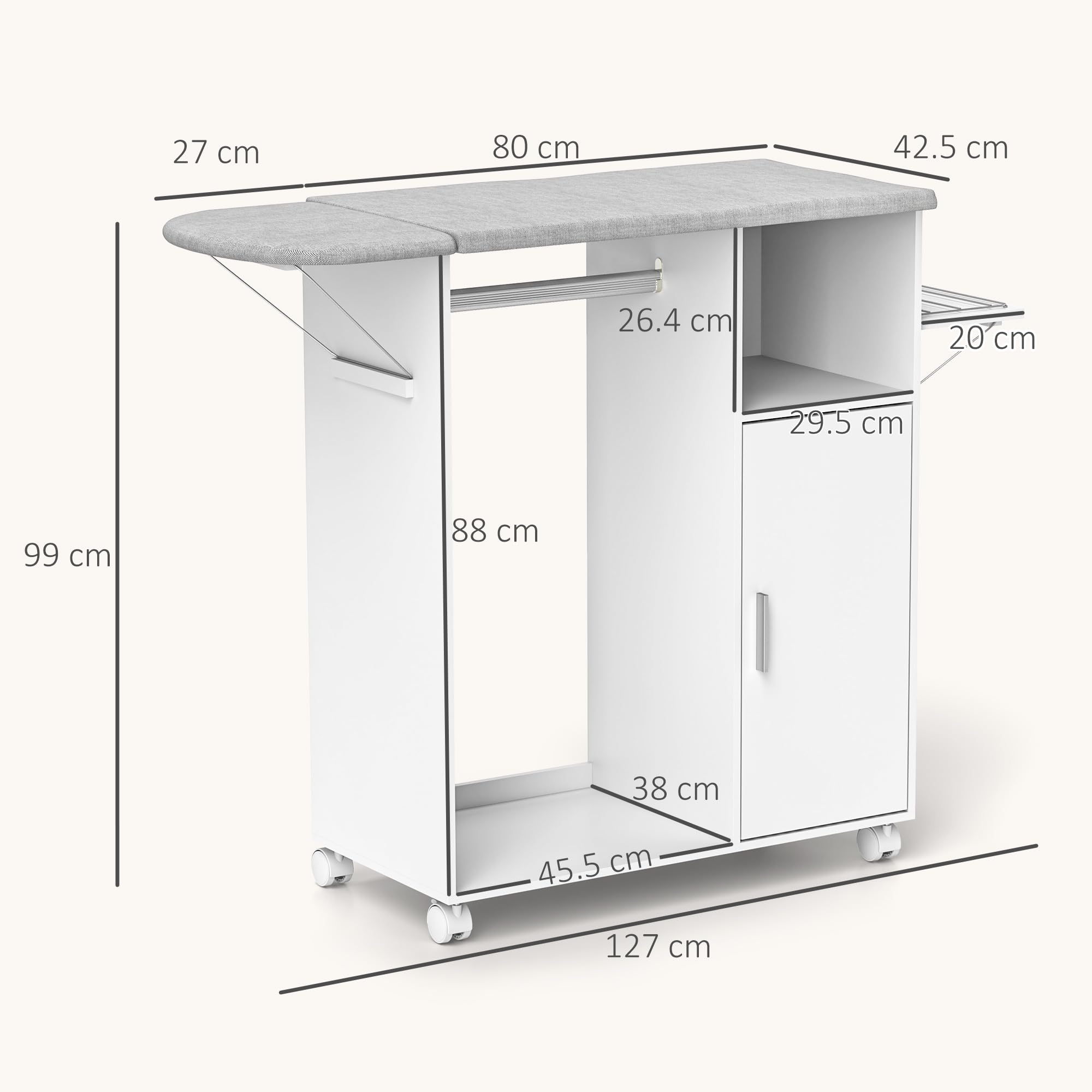 HOMCOM Mobile Asse da Stiro in Truciolato e Spugna con Piano d'Appoggio in Tessuto Effetto Lino, 3 Ripiani a Cubo e Guida per Appendere, per Lavanderia, Bagno, 127x42.5x99 cm, Bianco