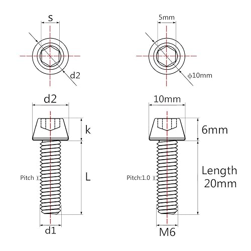 Miniatura 2 de Titanio Ti M6 x 10 16 18 20 25 30 35 40 45 50 55 60 2.559 in Allen - Tornillos hexagonales de 2.559 in, tornillos cónicos, paquete de 4 (M6x10mm,