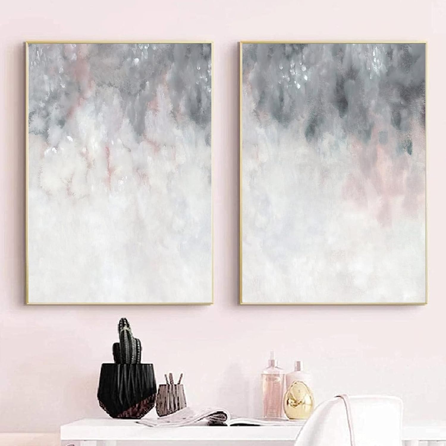 Gray White Abstract Art Blush Pink Canvas Painting for Bedroom Decor Gray Canvas Prints Abstract Gray Wall Art for Living Room Office Wall Decor Abstract Pink Wall Canvas 16x24inchx2 No Frame 16 x 24 in x 2 Unframed