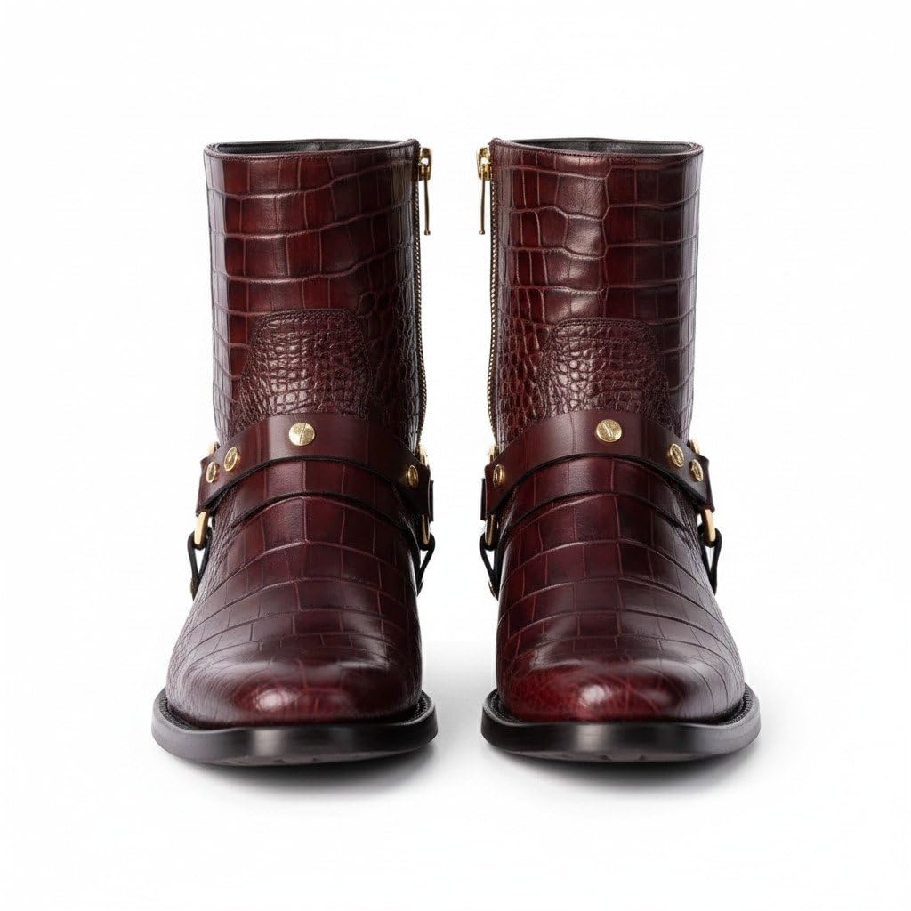Men's Burgundy Croc Embossed Leather Harness Boots | Premium Side Zip Ankle Boots for Men | Luxury Western Motorcycle Inspired Boots | Handmade Statement Footwear-image-40
