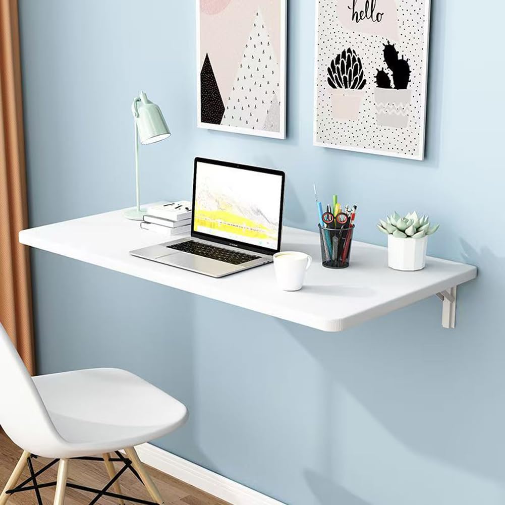 GDMDPTE Wall Mounted Folding Table Space-Saving Drop-Leaf Workbench for Home Office & Kitchen Laptop Floating Table with Brackets 60x30CM White Easy Installation