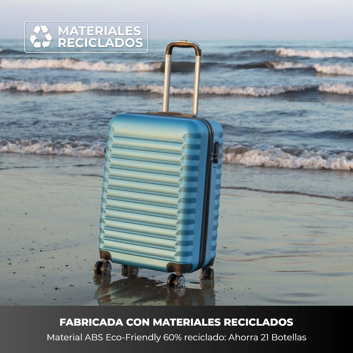 NUMADA-Juego de Maletas Rígidas 2pzs. Maleta Mediana 63cm y Neceser. Set de Maletas de Viaje ABS Eco Friendly, 4 Ruedas Dobles, Resistentes, Ligeras y Seguras (Azul Eléctrico)