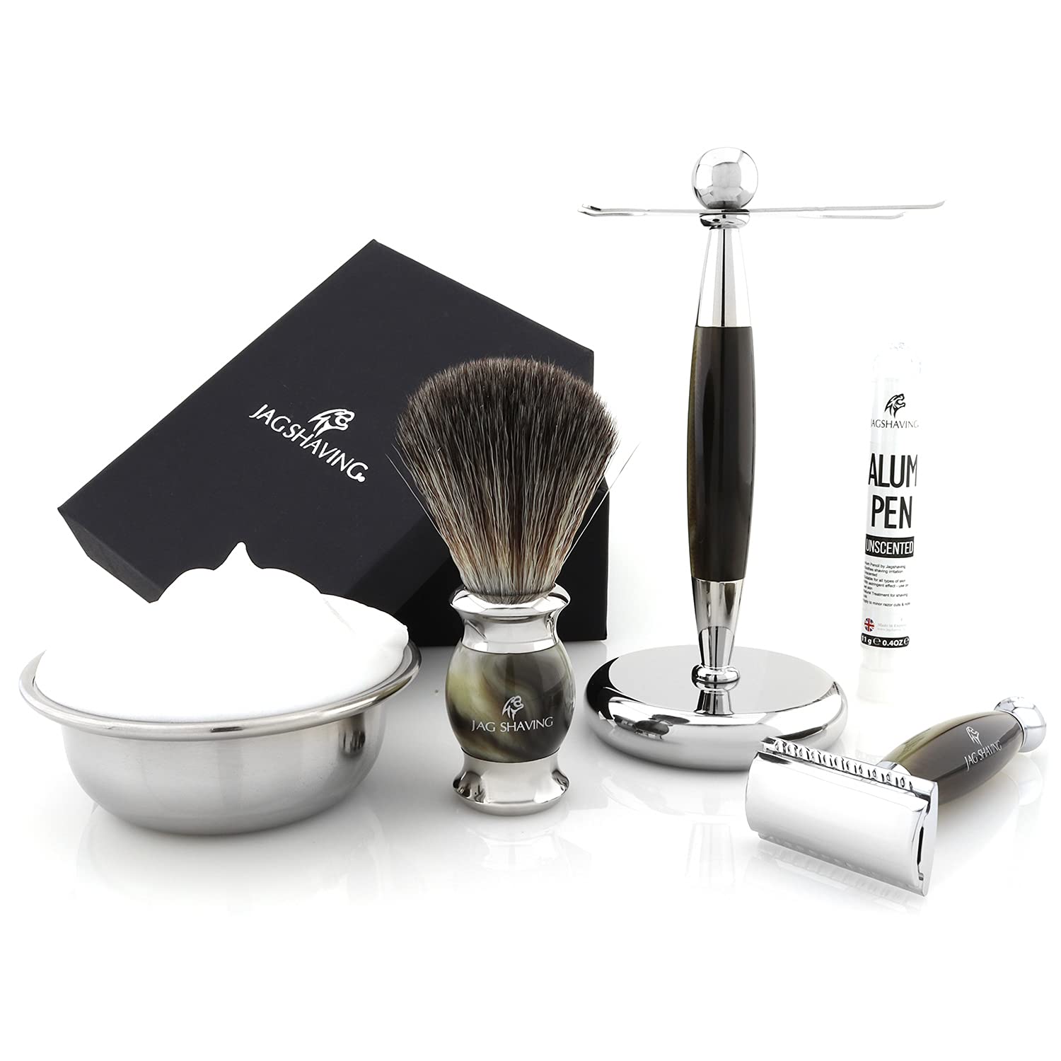 Jag Shaving zestaw do golenia - 4-częściowy zestaw do golenia - Jag's Lee Range - syntetyczne włosie - podwójne ostrza do golenia - stojak do golenia - kolor zielony