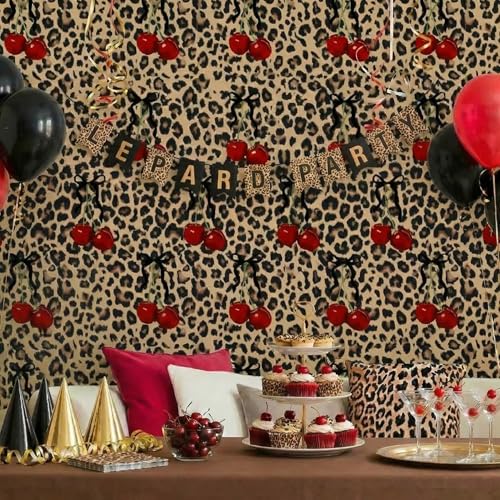 Dunzy Leopard Cherry Print Peel and Stick Wallpaper, 120\'\'x17.3\'\' Waterproof Removable Self Adhesive Wallpaper, Funky Cheetah Cherry Contact Paper for Leopard Print Themed Party, Bedroom, Bathroom