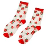 DIIOOMIEEU Women Mesh Crew Socks Sweet Strawberry Glass Transparent Hosiery
