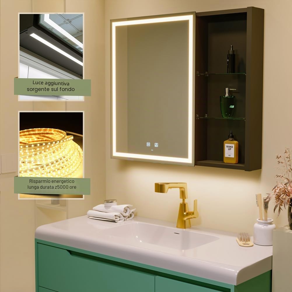 KWW LED Illuminato Bagno Medicine Cabinet con Specchio, Temperatura di Colore Regolabile, Luci Dimmabili Anti-Nebbia, Outlet & USBs, Armadio Medico Montato A Parete (75.2_x_70_cm)
