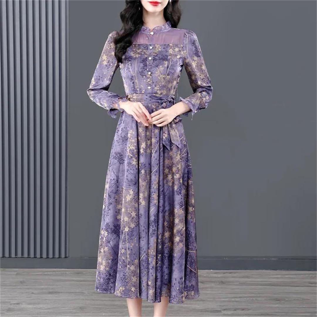 Vestido vintage de seda con estampado floral para mujer, manga larga, cuello alto falso, para fiesta, vestido midi, gris, S