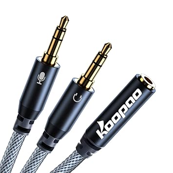 PC Headset Splitter, Mic Headset Splitter, Splitter Cable for Headset, KOOPAO Nylon-Braided 3.5mm Female to 2 Dual 3.5mm Male Headphone Mic Audio Y Splitter for PC Computer and Old Version Laptop