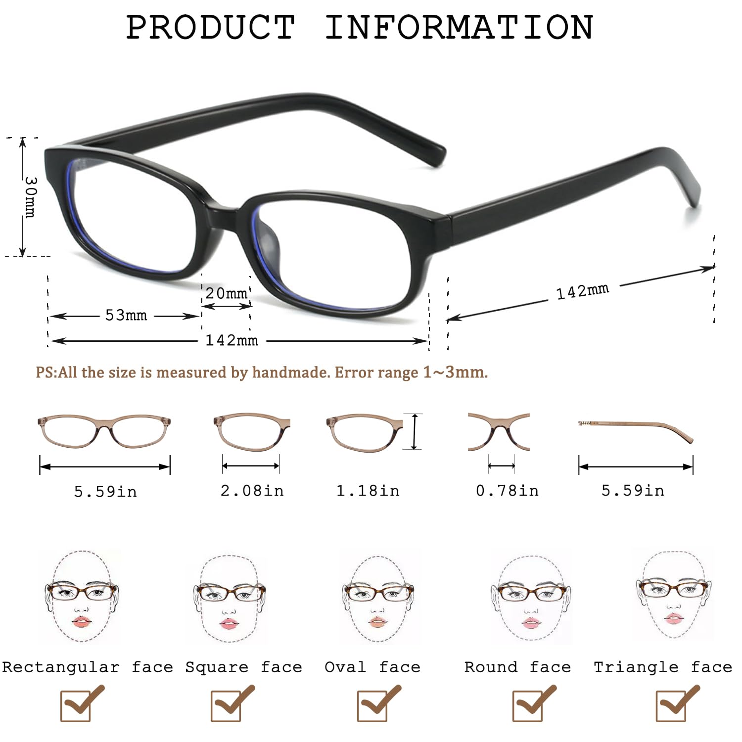 HJSTES Klare rechteckige Retro-Brille für Damen und Herren, blaues Licht, schmaler Rahmen, nicht verschreibungspflichtige Brillen