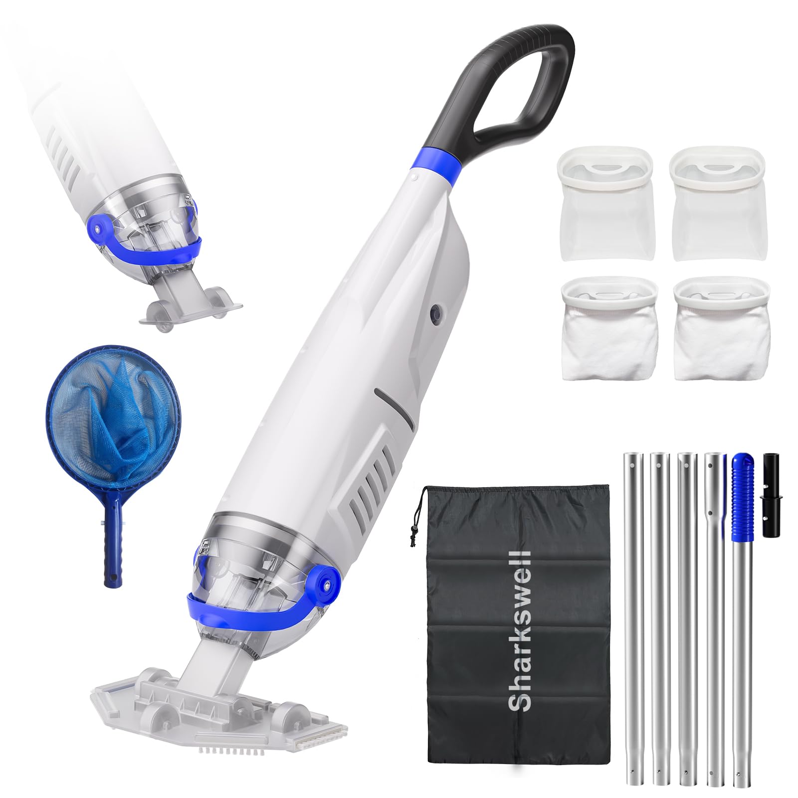 Sharkswell Poolsauger mit Akku Whirlpool Sauger | 2026 Upgraded Handsauger mit 4 Filter und Teleskopstangen