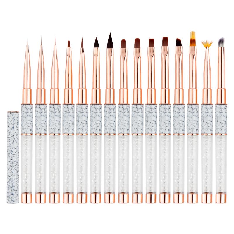 15pc Professional Nail Art Brush Set with Diamond Rhinestone Handles - Gel Polish, Liner, Detailing Brushes for Salon & DIY Nail Design