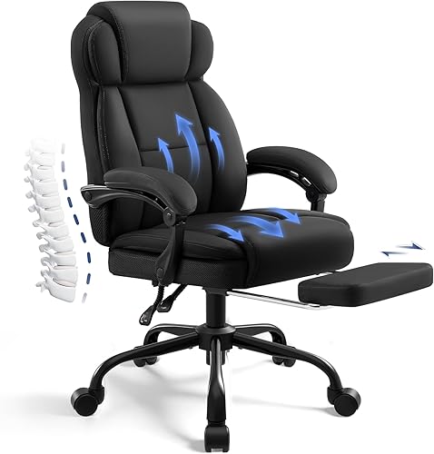 Silla de oficina ergonómica con reposapiés, silla de escritorio ejecutiva de piel sintética, reposabrazos abatibles acolchados, soporte lumbar,