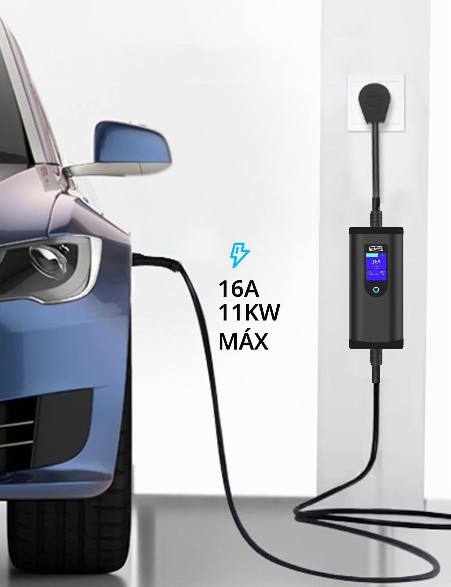 Cargador EV portátil de 11 kW, 3 Fases, 6-16 A, con Corriente Ajustable, Control a través de la App Mediante Wi-Fi, Cable de 7 m, protección IP65, Compatible con Todos los vehículos PHEV/EV