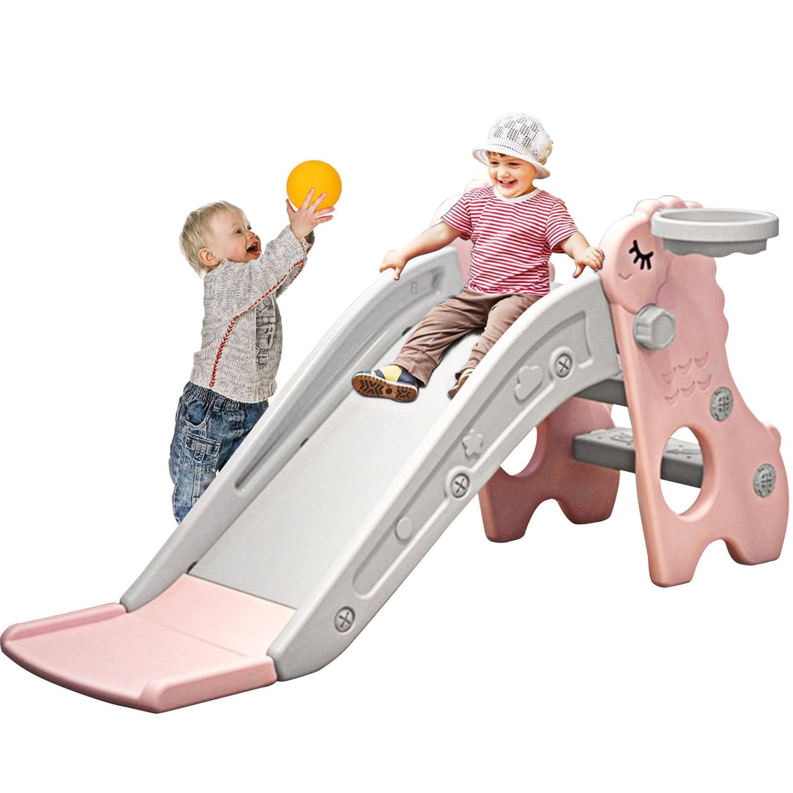 SOOFAM 3 in 1 Toddler Slide,Foldable multi-function Indoor Household Kids Slide for Toddlers Age 1+ Baby with Climber Slide Playset and Basketball Hoop and Ball (Pink)