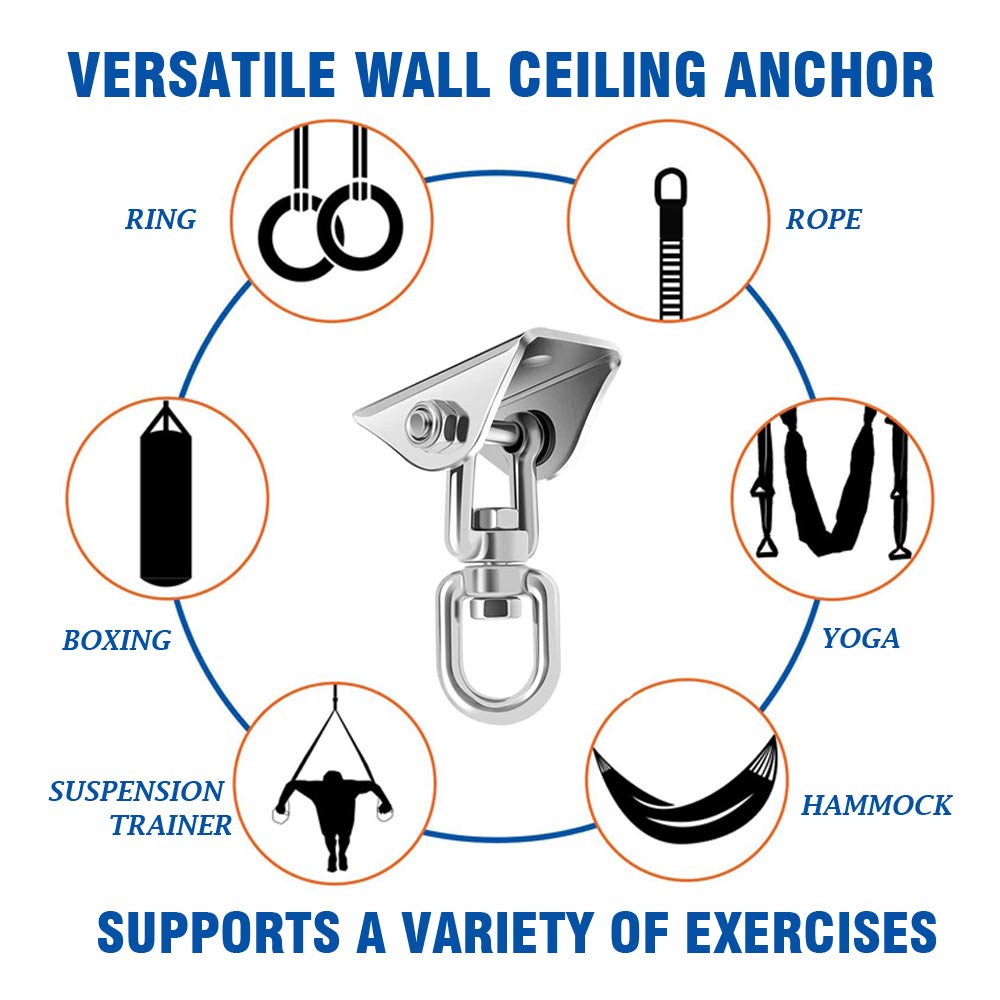 Ganchos de Techo SUS304 Stainless Steel Tarea Pesada 360° Rotate Anclaje de Techo para Hormigón y Madera Yoga, Hamacas, Sillón Colgante, Saco Boxeo Capacidad 450Kg (2 piezas 360°)