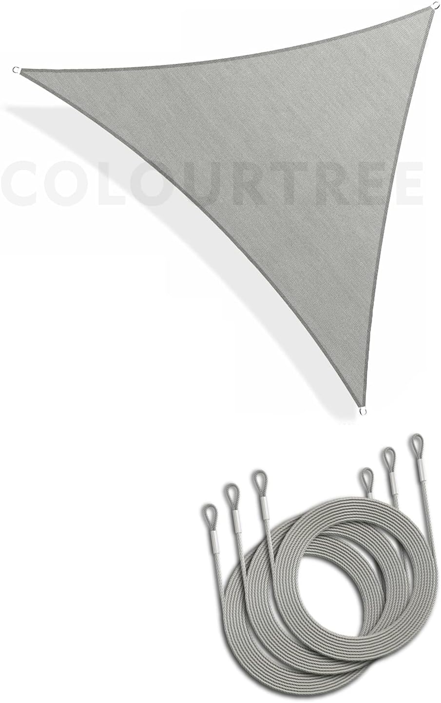 ColourTree 12' x 12' x 12' Grey Triangle Sun Shade Sail with 36 Feet (12ft x 3) PVC Coated Stainless Steel Metal Wire Cable Ropes