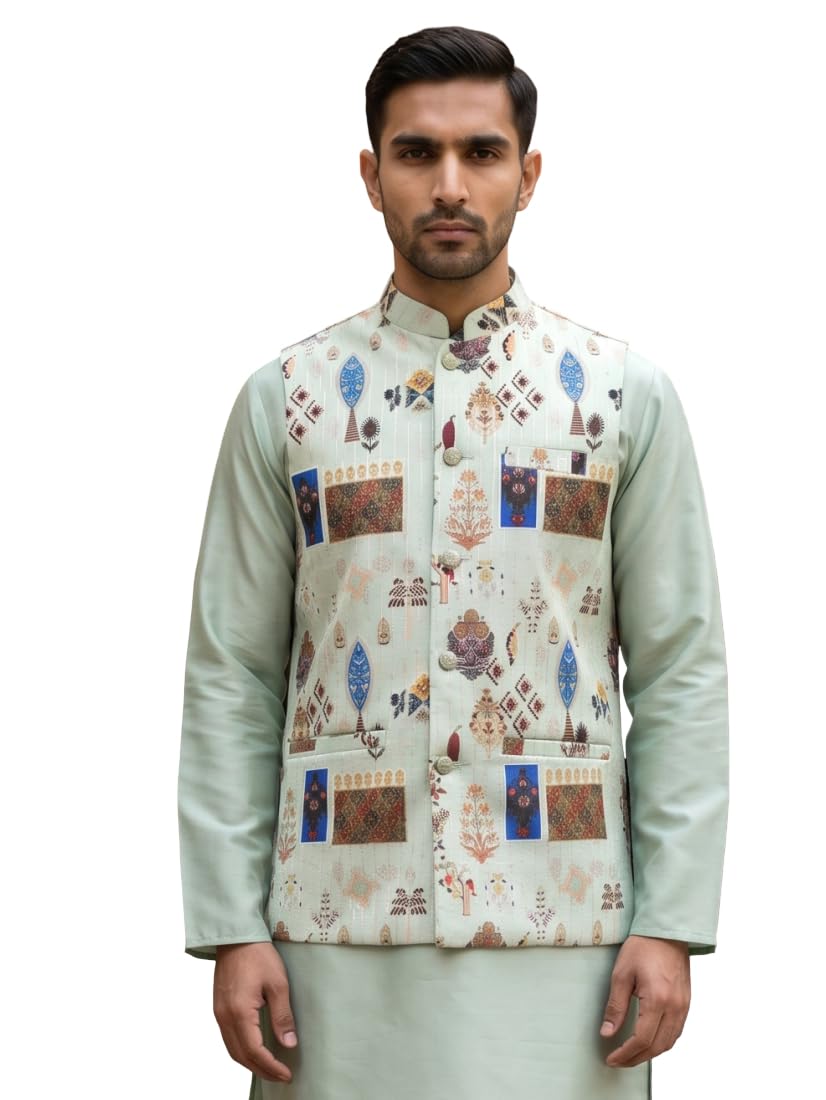 Cotton Blend Multicoloured Print Nehru Jacket-image-11