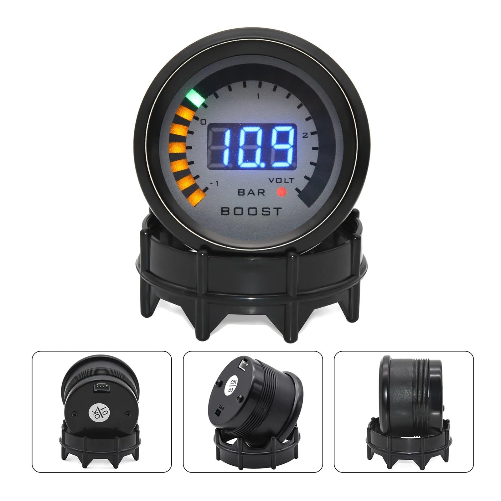Ciśnieniomierz, Wskaźnik ciśnienia doładowania HD cyfrowy PSI BAR wskaźnik Turbo Boost woltomierz 52mm 12V LED, zestaw wyścigowy Turbo regulator ciśnienia(Boost gauge bar)