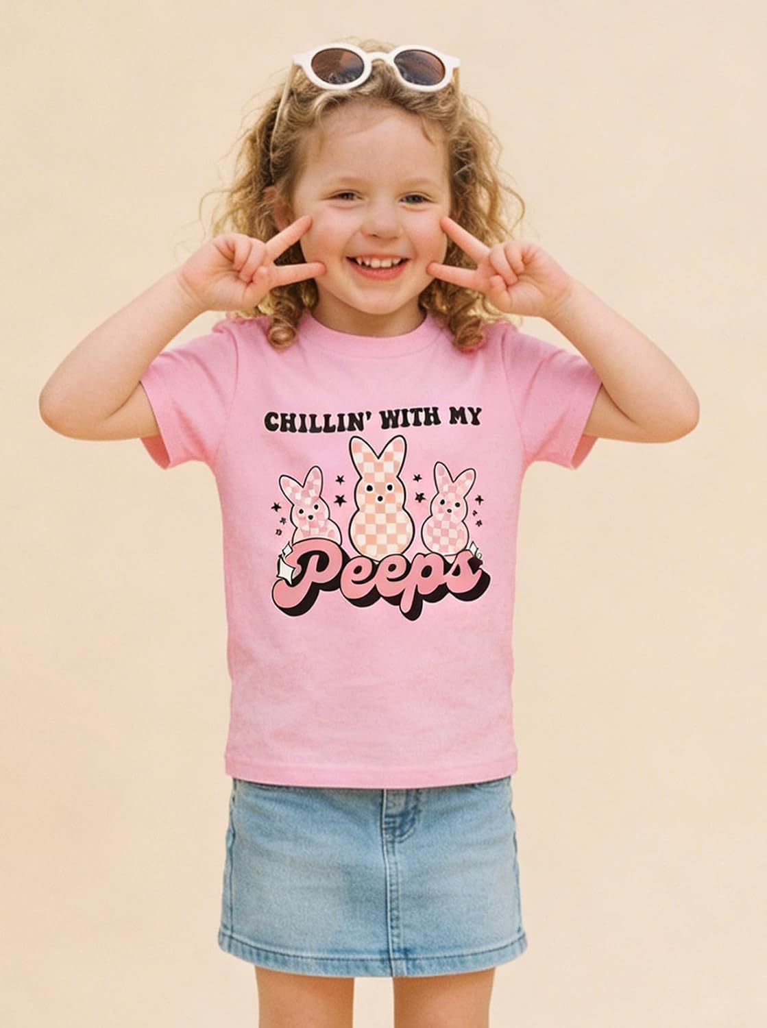 MODNTOGA Easter Bunny Shirt Girls Chillin' with My Peeps T-Shirt Toddler Girl Checkerboard Bunny Graphic Tee Tops 18M-12 Year