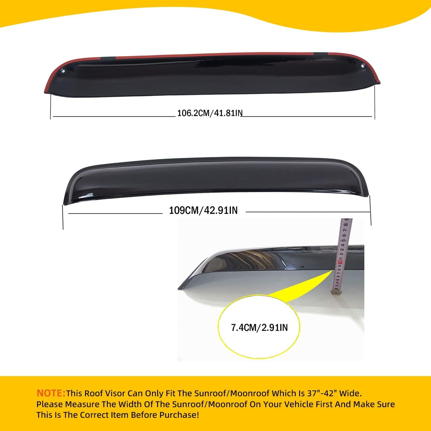 Set of 1 43" / 110cm (42" Between The Inner Edge) Sun/Rain Guard Top Sun/Moon Roof Visor Fit 37“-42” Moonroof/Sunroof Universal Large Size Smoke Acrylic Tape-On
