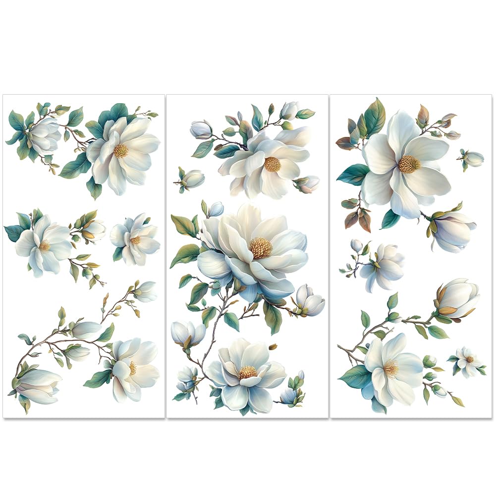 PLIGREAT 3 Sheets Magnolia Rub on Transfer for Furniture Watercolor Floral Rub on Stickers Vintage Flower Rub on Transfer Decals for Wood Dressers Cabinet Scrapbooking Crafts Home Decorative