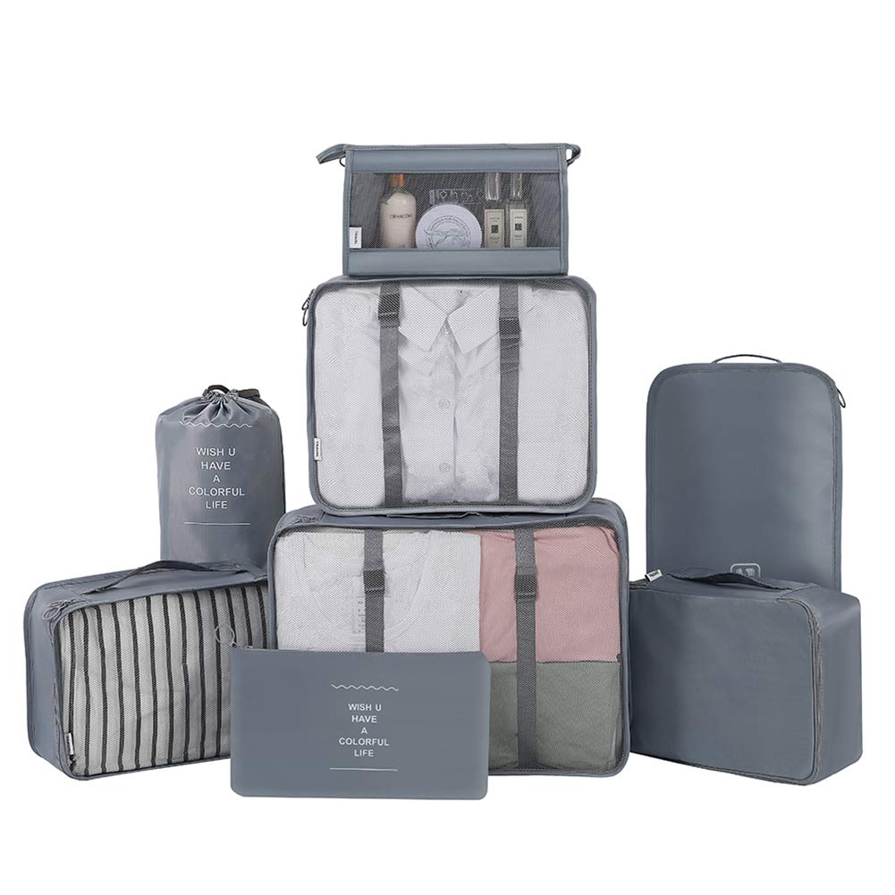 Belsmi 8 Set Packing Cubes with Shoe Bag - Travel Luggage Organizer (Style A - Grey)