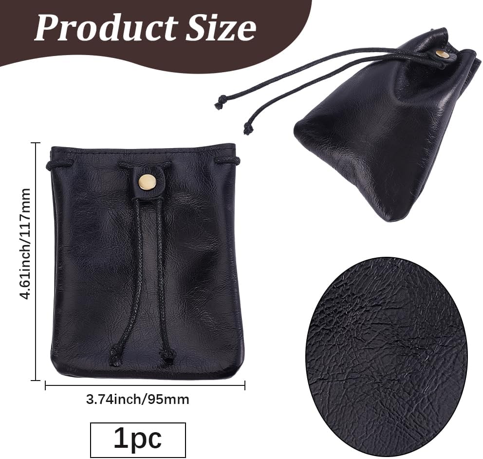 Beebeecraft Leather Drawstring Pouches Black 11.7x9.5cm Drawstring Coin Pouches Money Bag Small Waterproof Vintage Coin Dust Wallet Jewelry Storage Purse with Wax Cord Strings for Men Women