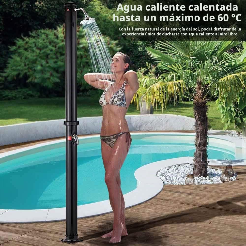 BAKAJI Ducha Solar para jardín, Piscina Exterior, Camping, depósito de 20 litros con alcachofa Ajustable, Mezclador de Agua Caliente, conexión Manguera de jardín, tamaño 220 x 16,5 x 16,5 cm