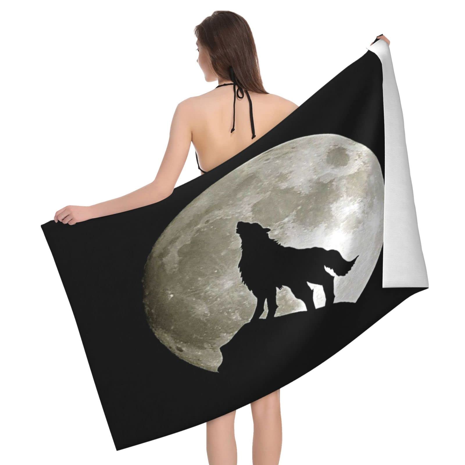 Lawenp Wolf and Moon Beach Towel, Lightweight Sand Free Quick Dry Microfiber Absorbent Bath Towel for Kids, Adults, Swimming, Bath, Yoga, Pool, Travel, Camping 32"X52"