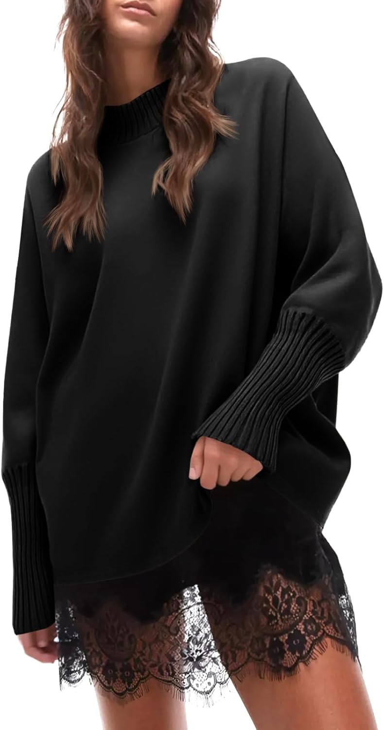 Cicy Bell Womens Mock Neck Sweaters Batwing Long Sleeve Chunky Knit Pullover Oversized Fall Casual Trendy Sweater Tops