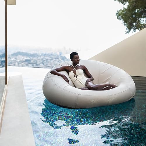 California Sun Cucciolo - Tumbona inflable redonda de lujo de tela para piscina, tumbona flotante junto a la piscina, cama flotante de lujo ultra