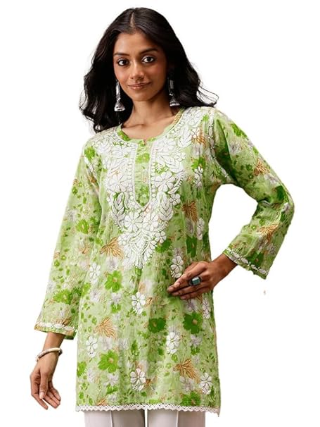 Ada Women's Cotton Regular Fit Tunic Hand Embroidered Lucknowi Chikankari Printed Short Kurti Top A911454