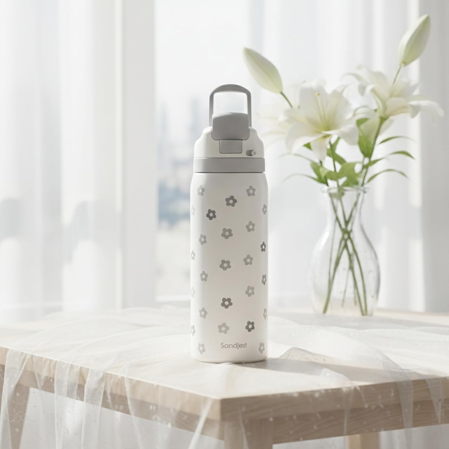 Floral Insulated Stainless Steel Water Bottle with Straw for Sports and Travel, 32oz, Gifts for Women Girls Friends Teens Birthday Christmas (Grey) - Image 7