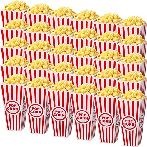 Cajas de plástico reutilizables para palomitas de maíz con parte superior abierta, cubos de palomitas de maíz a rayas rojas y blancas a granel para noche de películas, estilo retro clásico, 7.7 x 3.9