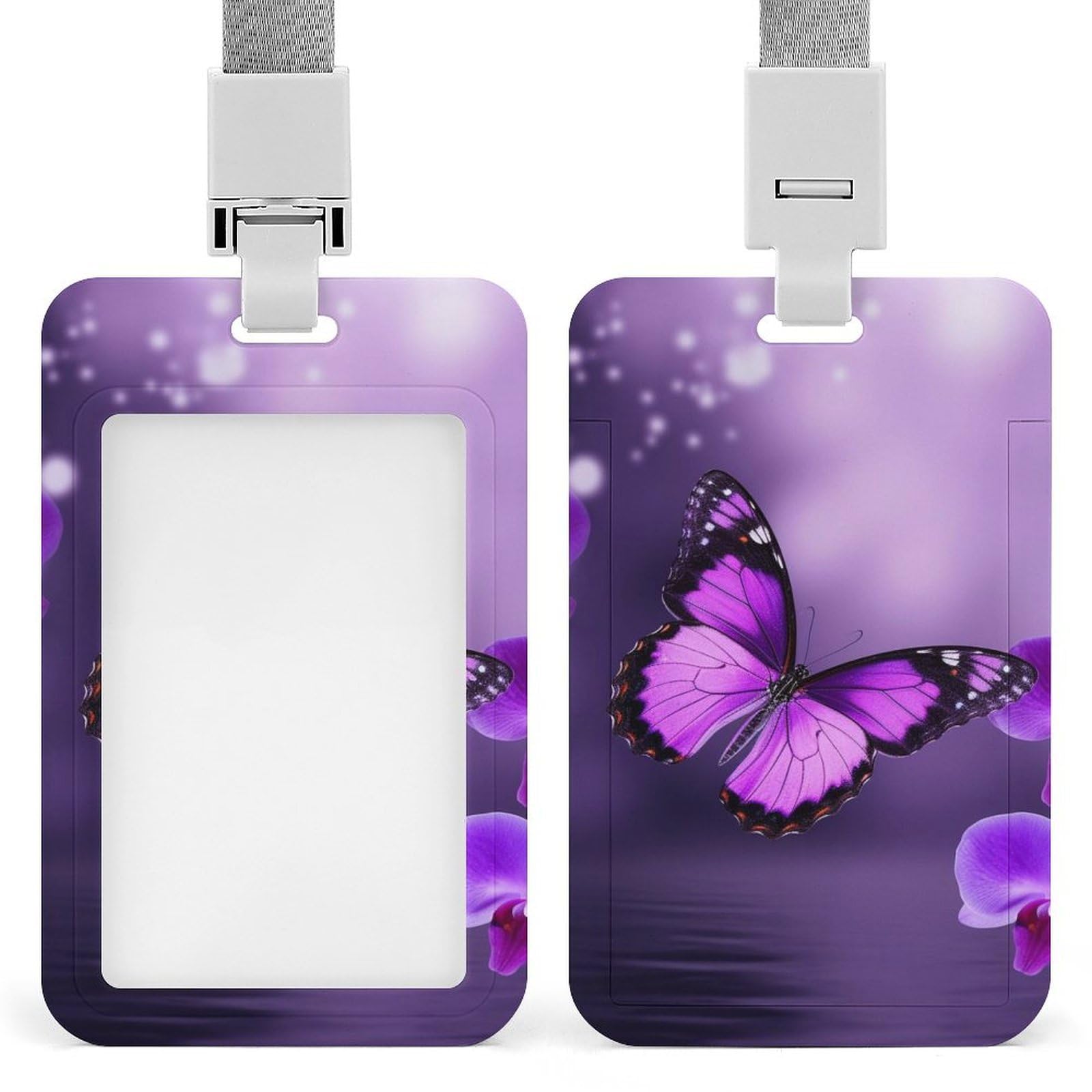 ID Card Holders for Lanyard,Purple Butterfly Printed Badge Holder with Clear Window,Plastic Vertical Bus Pass Holders for Work Teacher Nurse Employees Proximity Key Cards Women Men — image 1