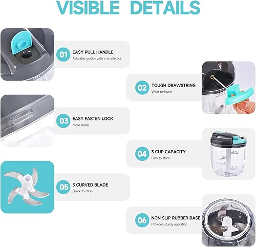 Miniatura 8 de Procesador manual de alimentos, picador de verduras, picador de ajo portátil con cuerda de mano, cortador de cebolla para verduras, jengibre,